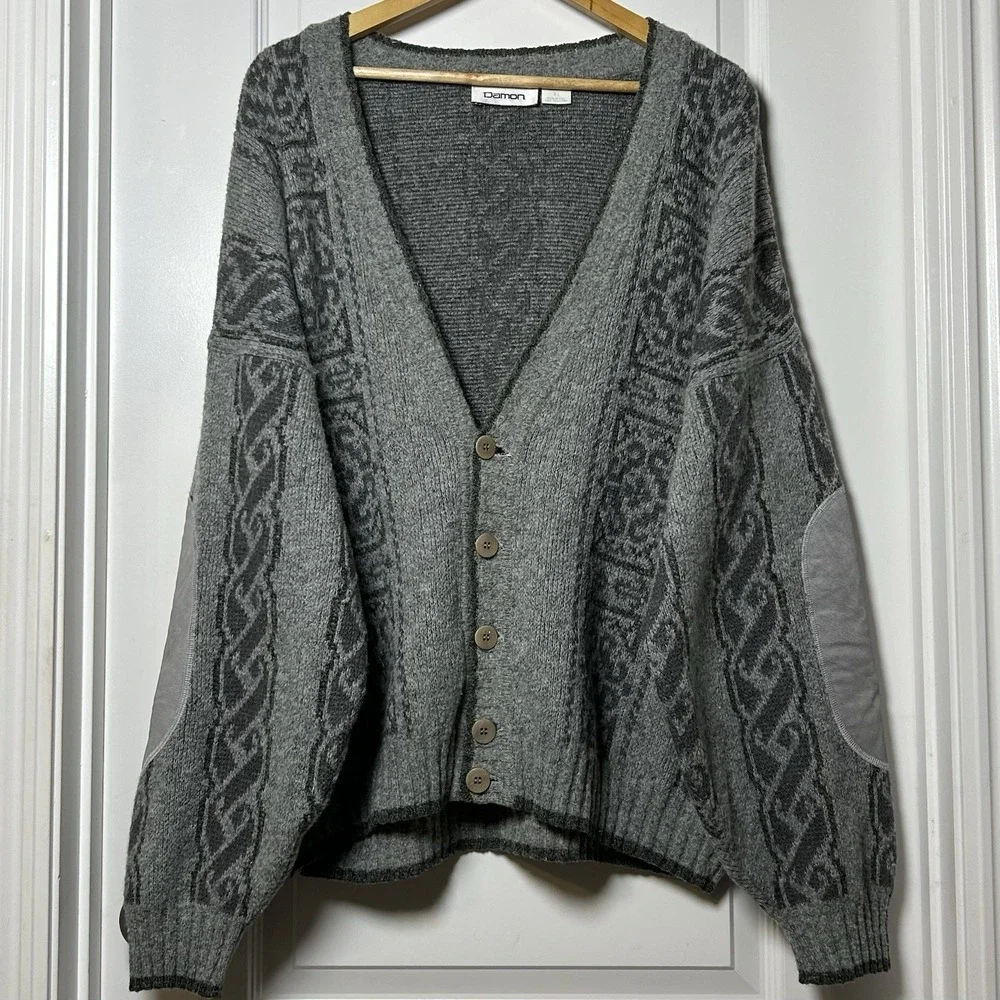 Damon Vintage V-Neck Patterned Design Elbow Patches Gray Cardigan Academic Style